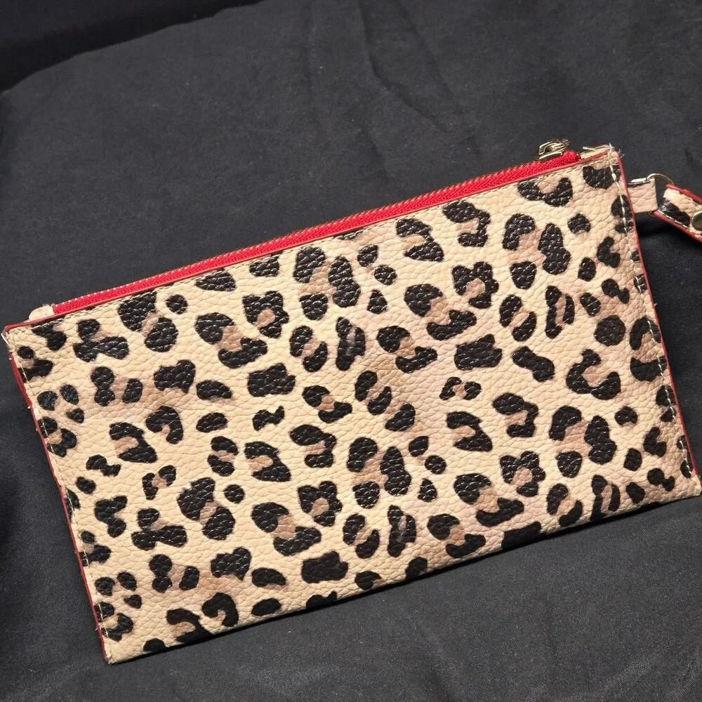 Chicos Leopard Print Wristlet Wallet Set Faux Leather Red Trim Two Piece Clutch